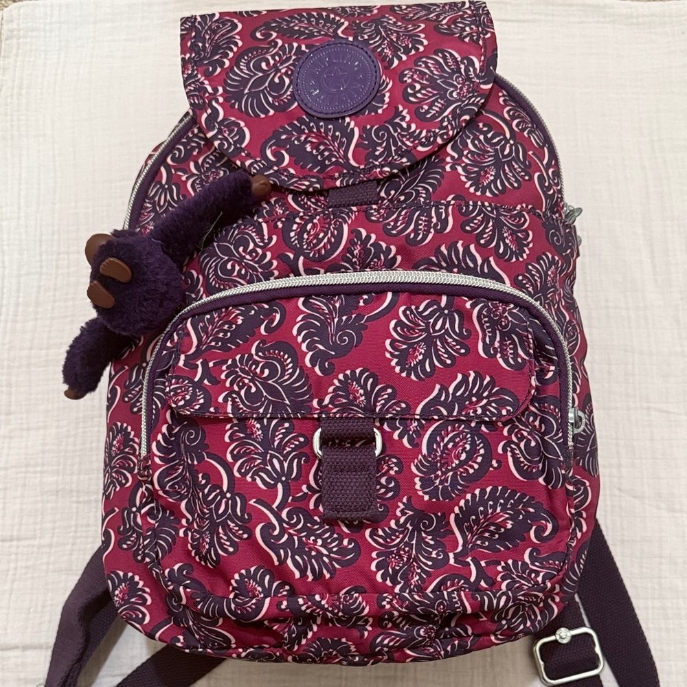 Kipling Queenie Small Backpack + Monkey | Ageless Floral | Purple Paisley Print
